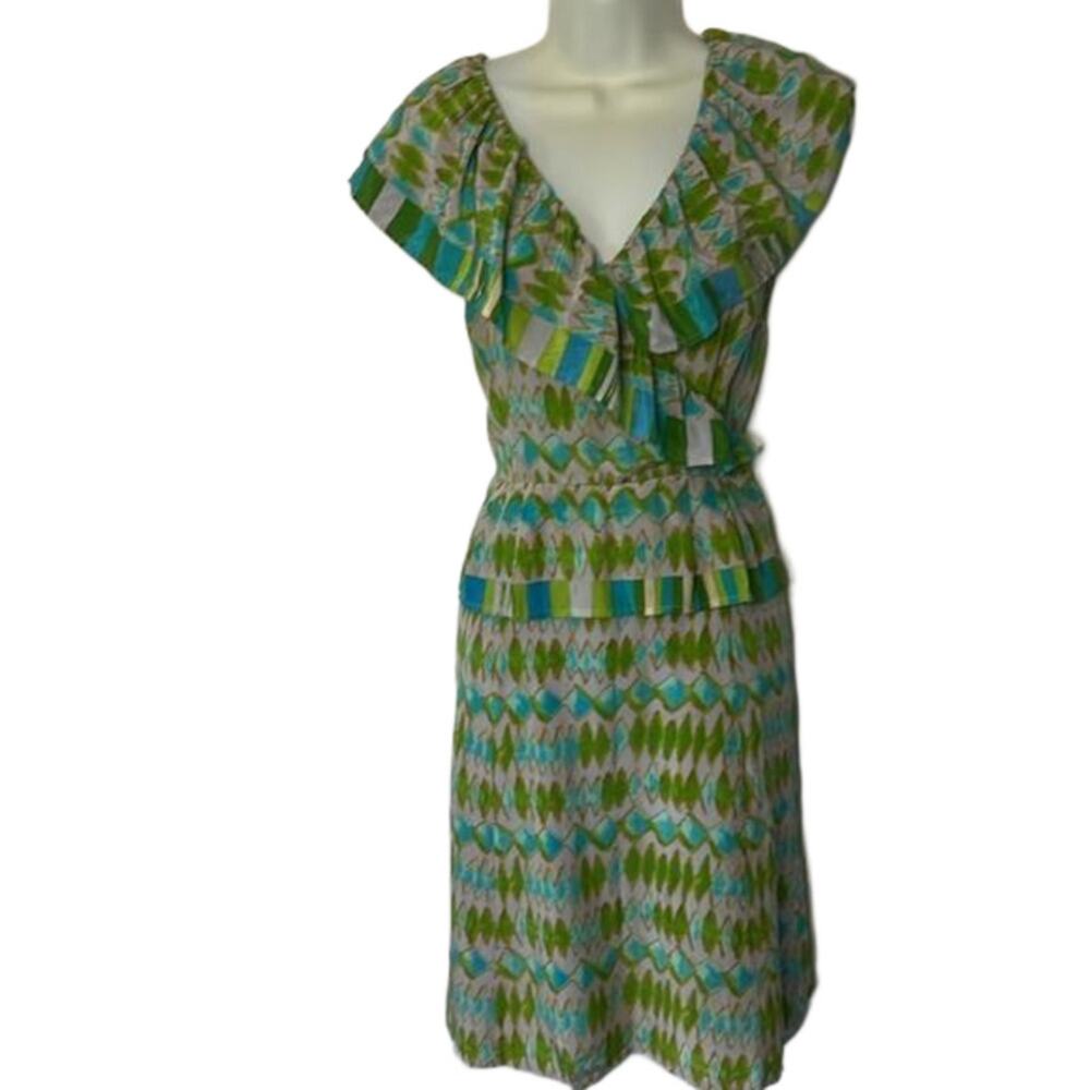 Plenty Frock! by Tracy Reese 100% Silk Green Aqua Print Ruffle Dress Size 12